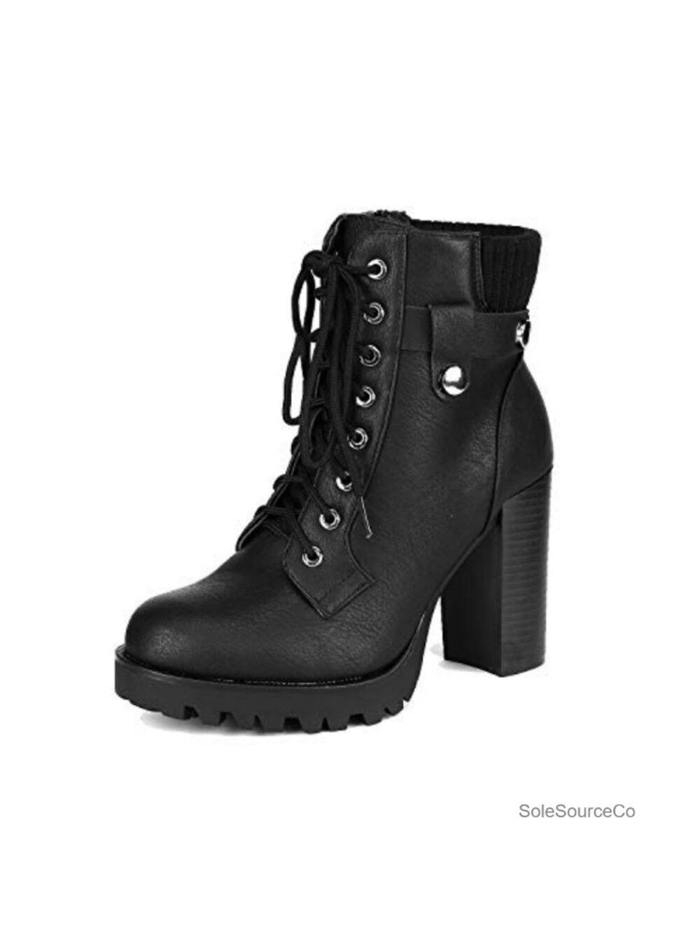 Lace Up Combat Ankle Booties with Chunky Heel Vegan Leather